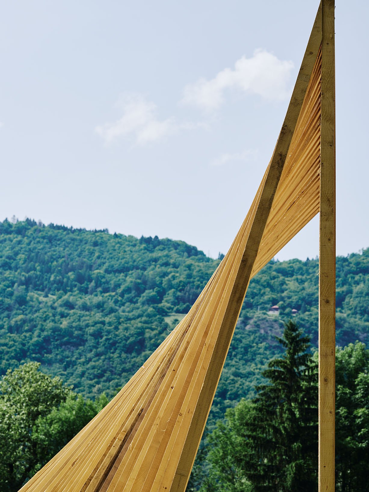 Detail of the pavilion’s curved timber geometry and structural expression.